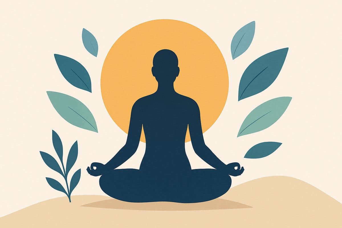 Illustrazione di una figura in meditazione davanti al sole